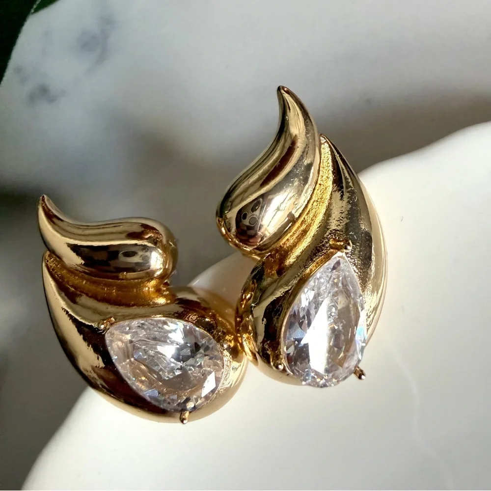 2/$30🌵 Gold Double Flame Teardrop Crystal Stone Earrings Studs Jewelry Gift NEW